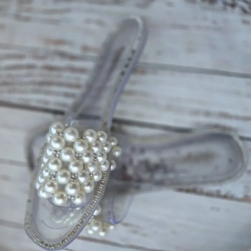 Pearl Slide Sandals Clear Jelly Flats – Chic Summer Slip On Shoes Size 9 - Picture 2 of 3